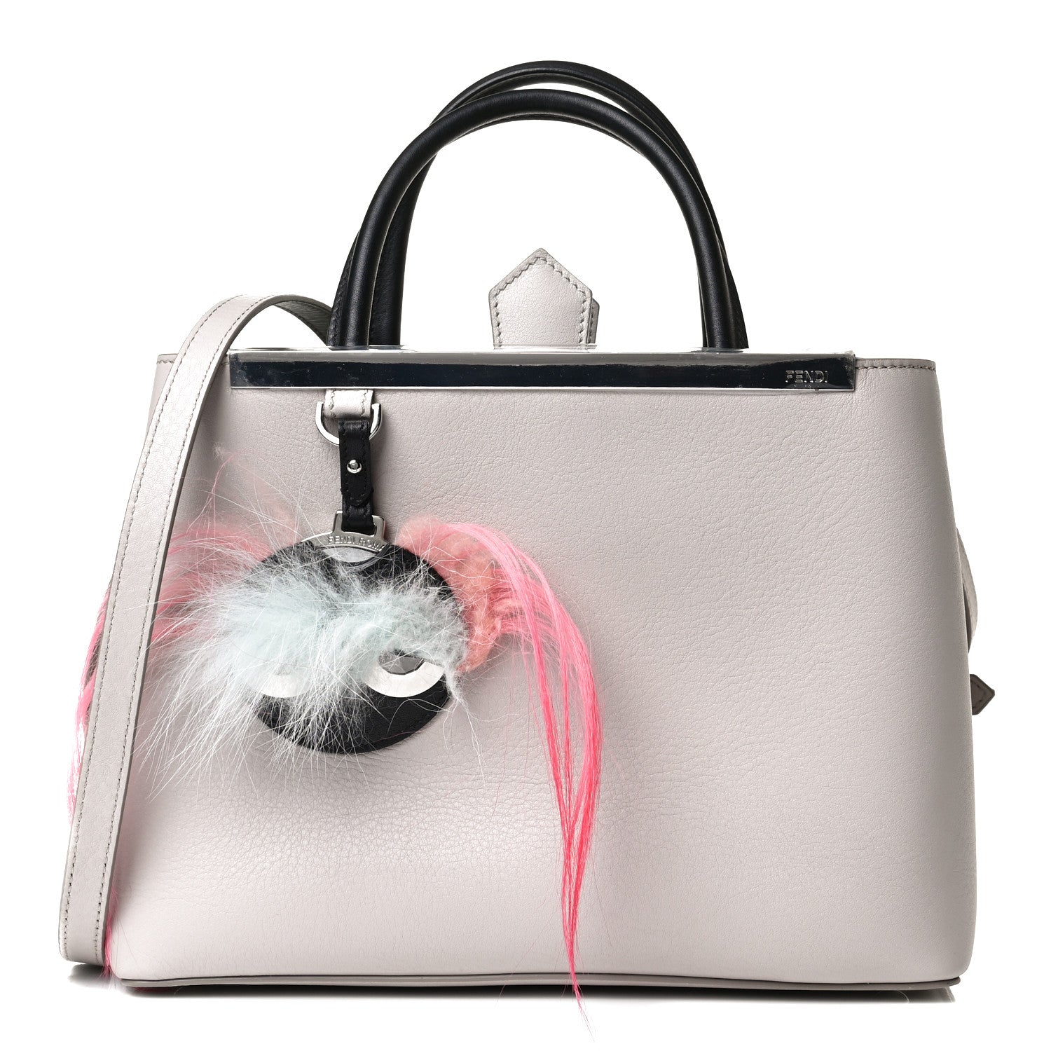 Fendi Vitello Dolce Fox Goat Bi-Color Sad Eyes Mirror Charm Petite 2Jours Tote Grigio Polvere Black 1 of 14