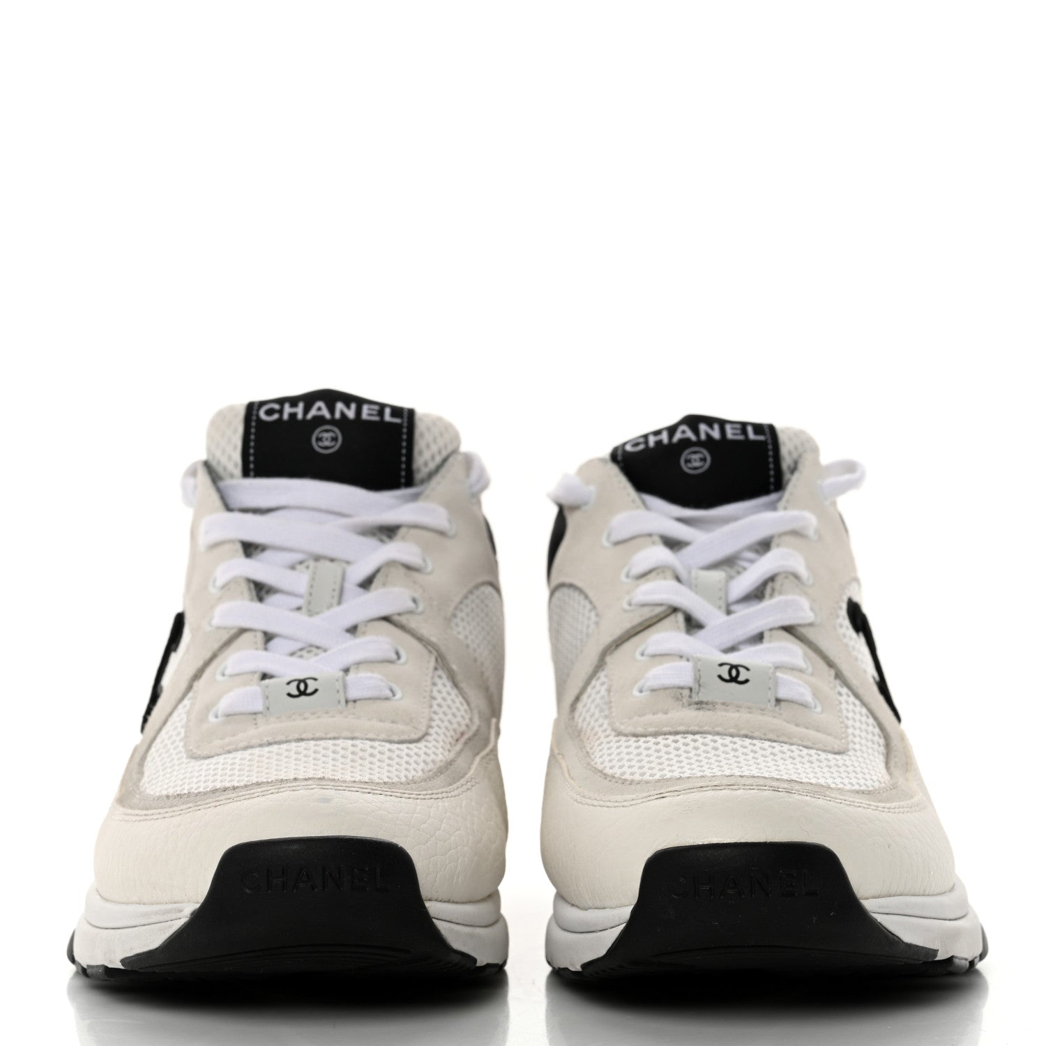Chanel Mesh Suede Calfskin Grained Calfskin Womens CC Sneakers 40.5 White Black 2 of 12