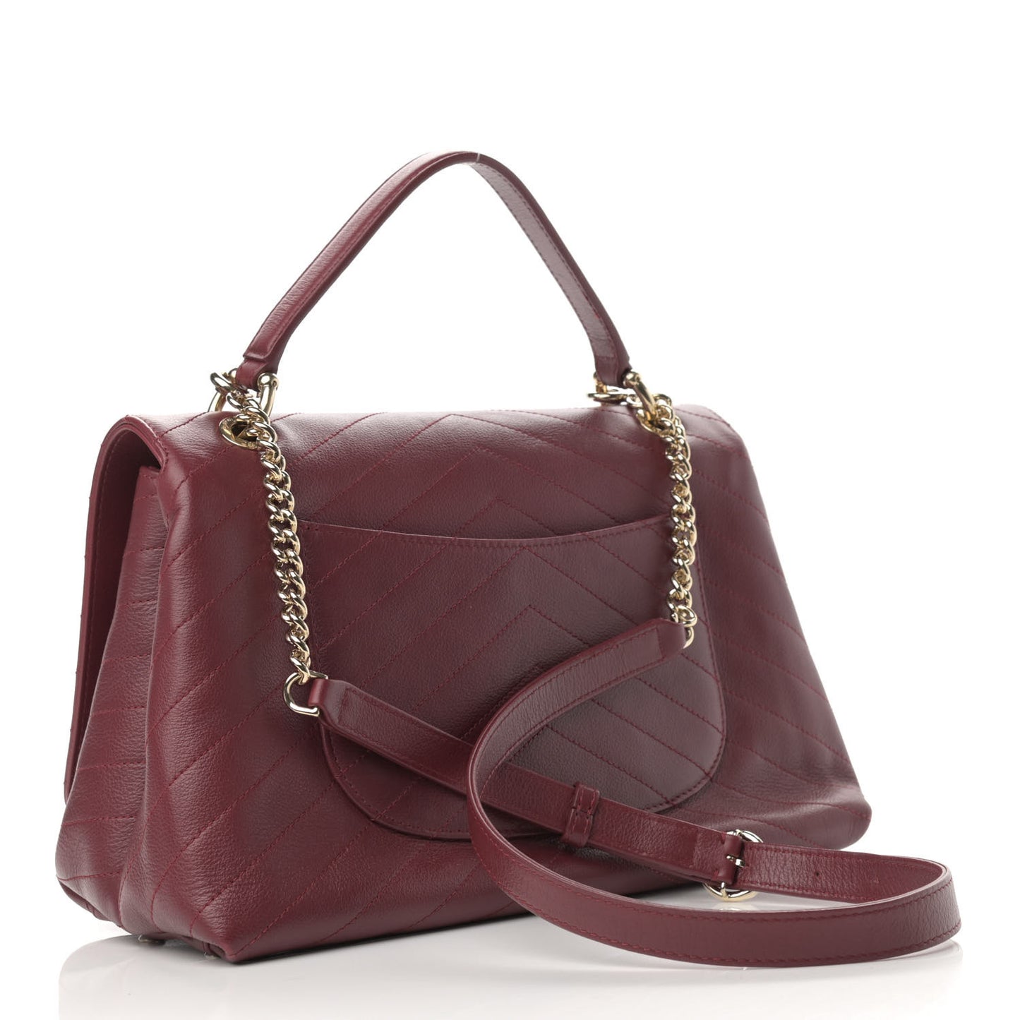 Grained Calfskin Stitched Chevron Medium Chic Top Handle Flap Red