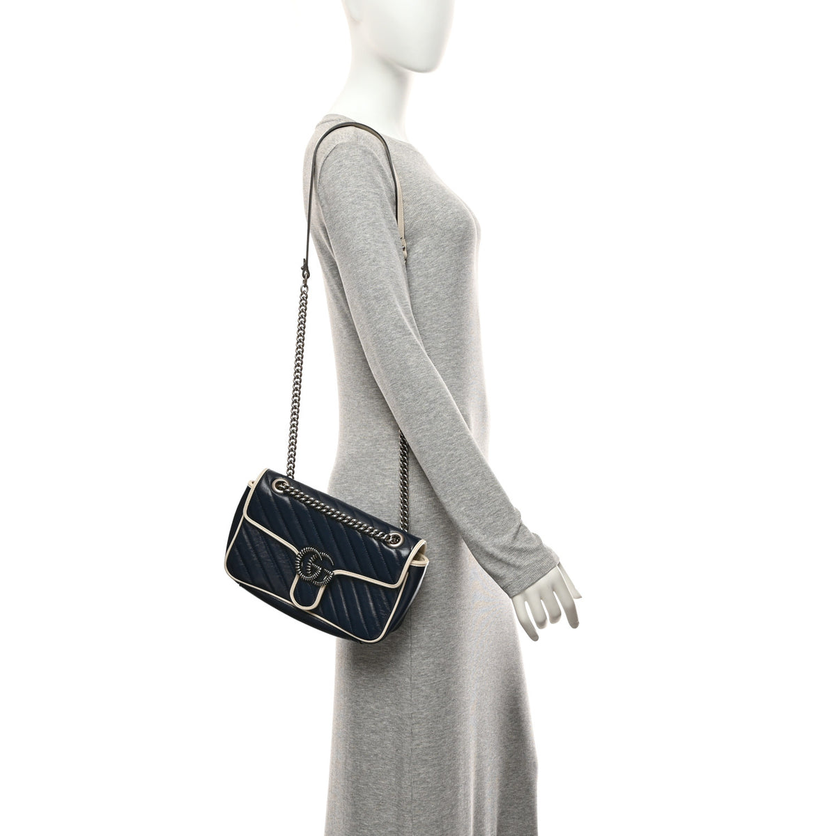 Vintage Effect Calfskin Matelasse Diagonal Small Torchon GG Marmont Shoulder Bag Blue Agata Mystic White