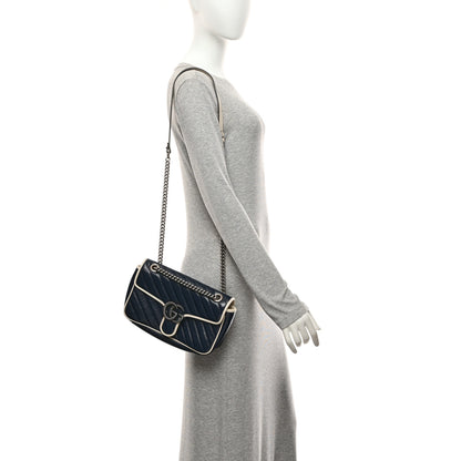 Gucci Vintage Effect Calfskin Matelasse Diagonal Small Torchon GG Marmont Shoulder Bag Blue Agata Mystic White 2 of 12