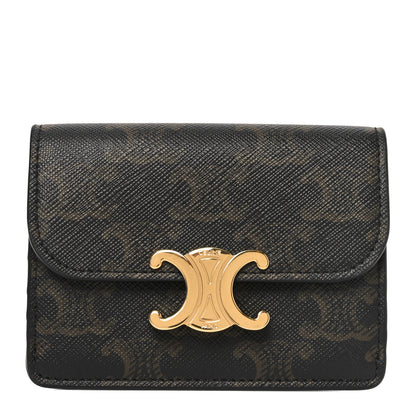 Celine Triomphe Canvas Calfskin Flap Card Holder Tan 1 of 8