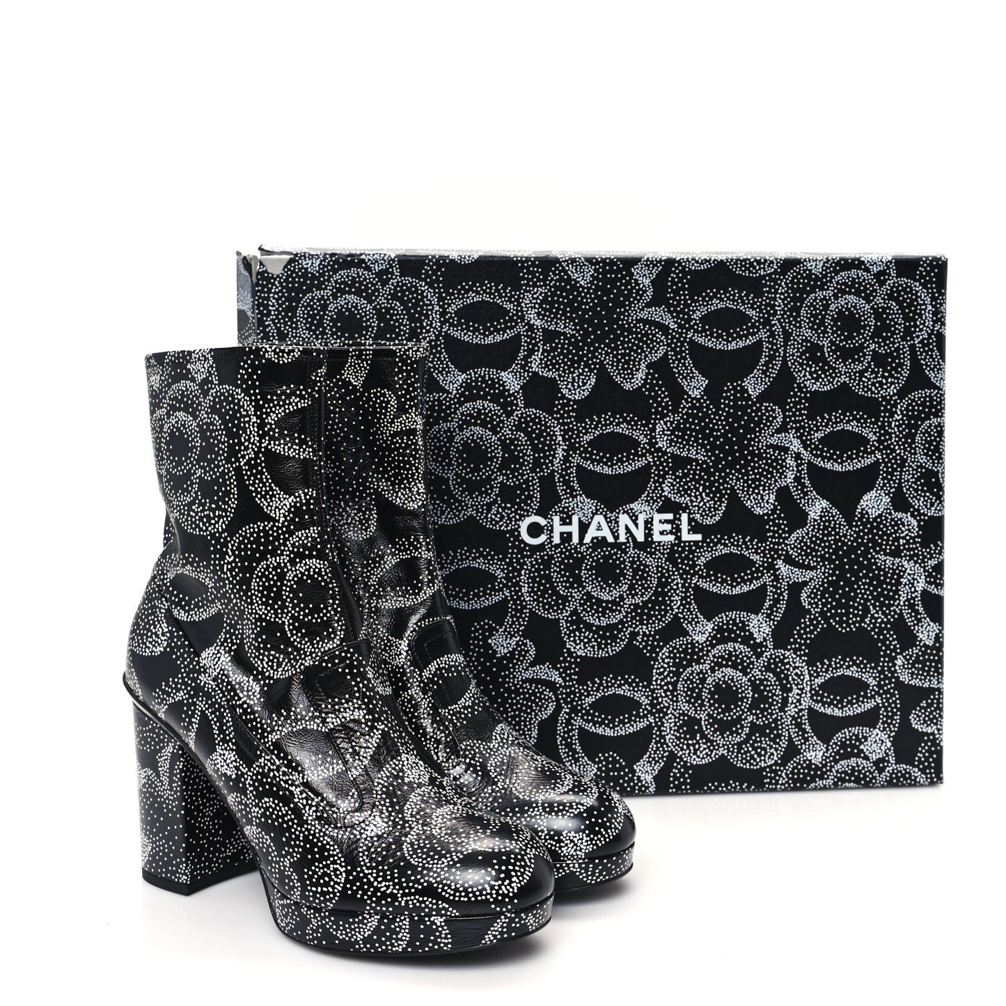 Calfskin Camellia Printed Ankle Boots 38.5 Black White