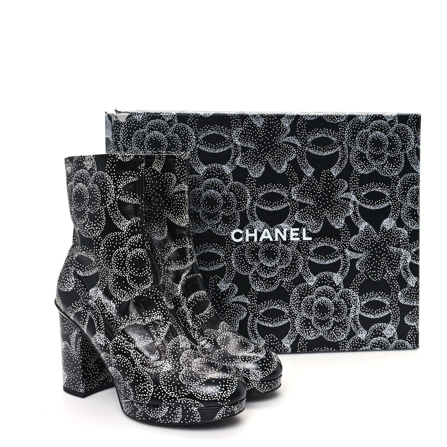 Chanel Calfskin Camellia Printed Ankle Boots 38.5 Black White 11 of 11