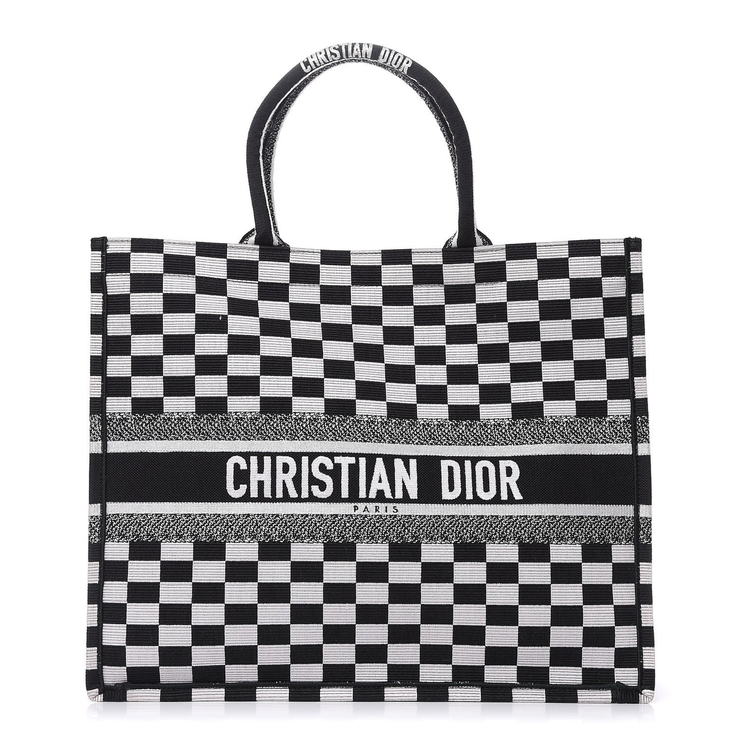 Canvas Embroidered Checkered Book Tote Black White