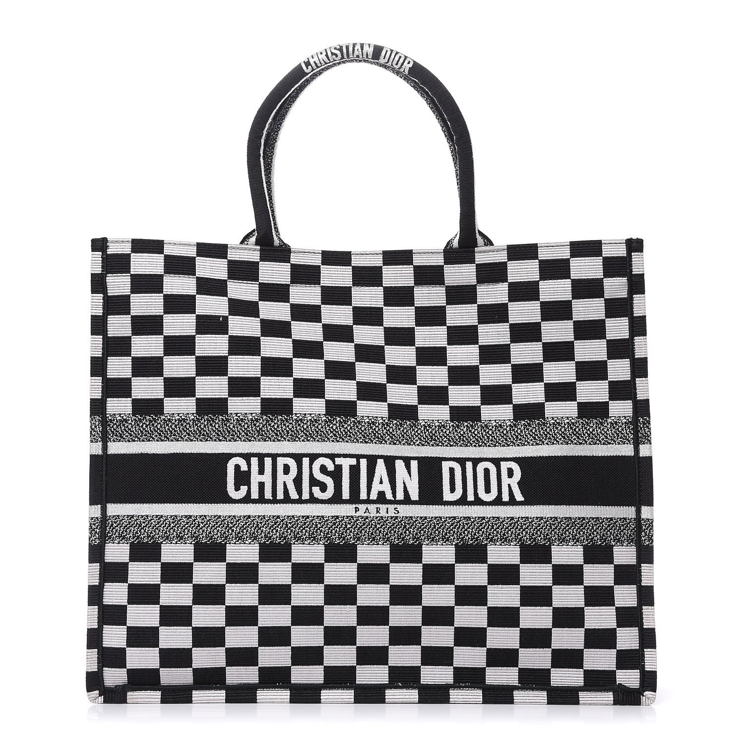 Christian Dior Canvas Embroidered Checkered Book Tote Black White 1 of 13