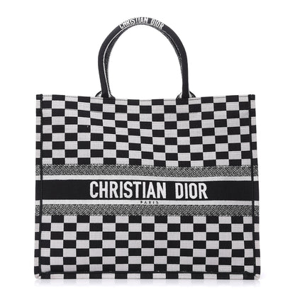 Christian Dior Canvas Embroidered Checkered Book Tote Black White 1 of 13