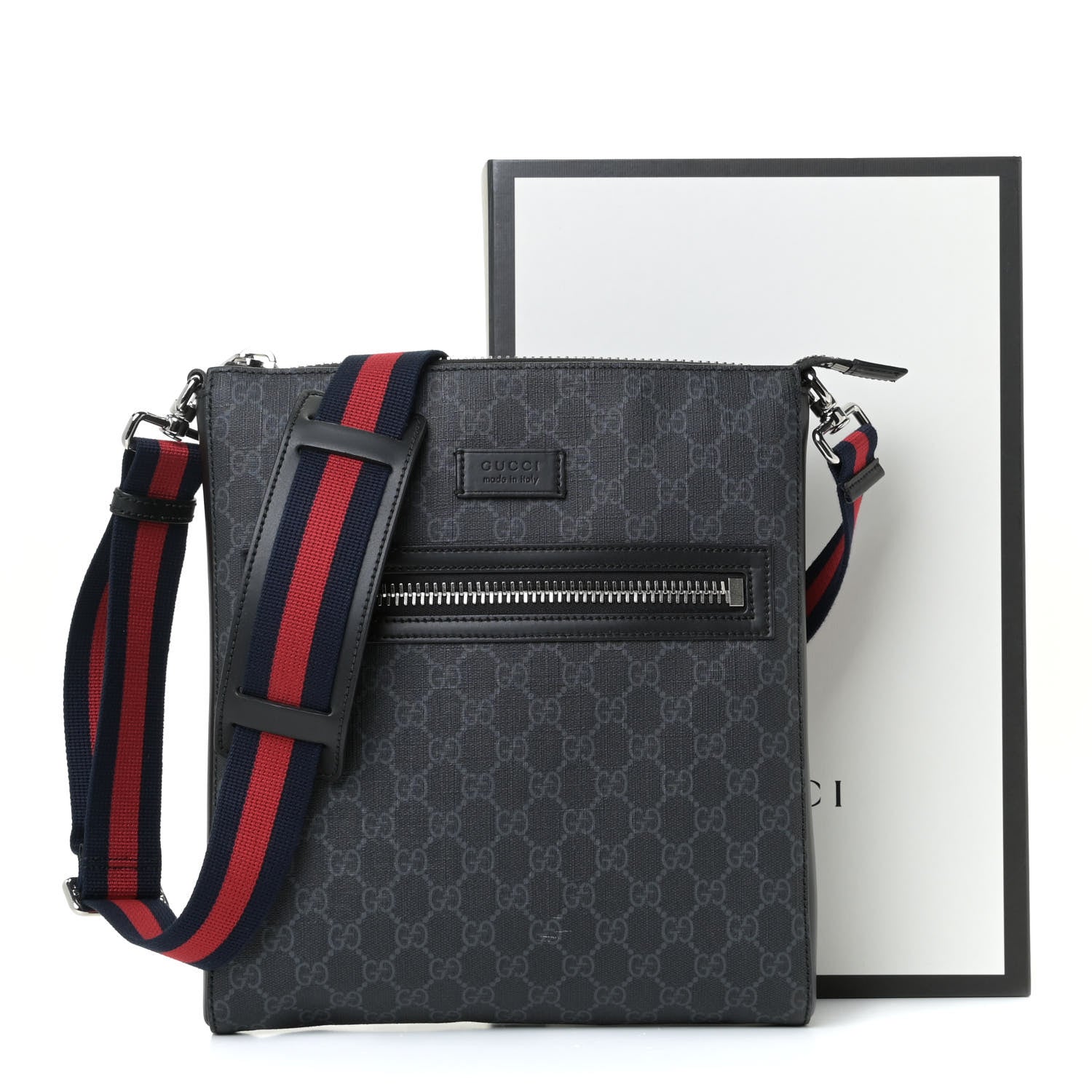 Gucci GG Supreme Monogram Appia Calfskin Web Flat Messenger Bag Black Grey 12 of 12