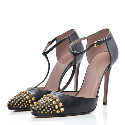 Gucci Malaga Kid Studded Cap Toe T Strap Pumps 36.5 Black 3 of 10