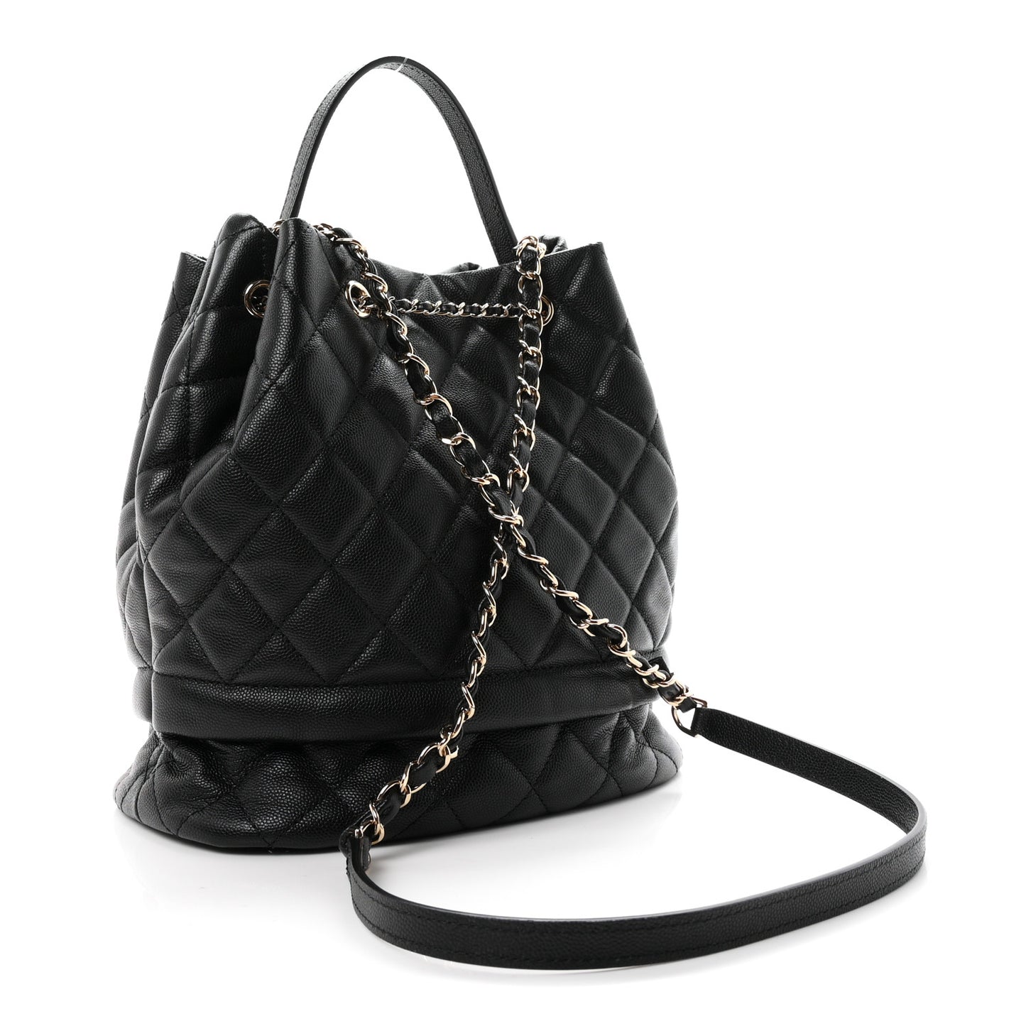 Caviar Quilted Large Rolled Up Bucket Drawstring Bag Black