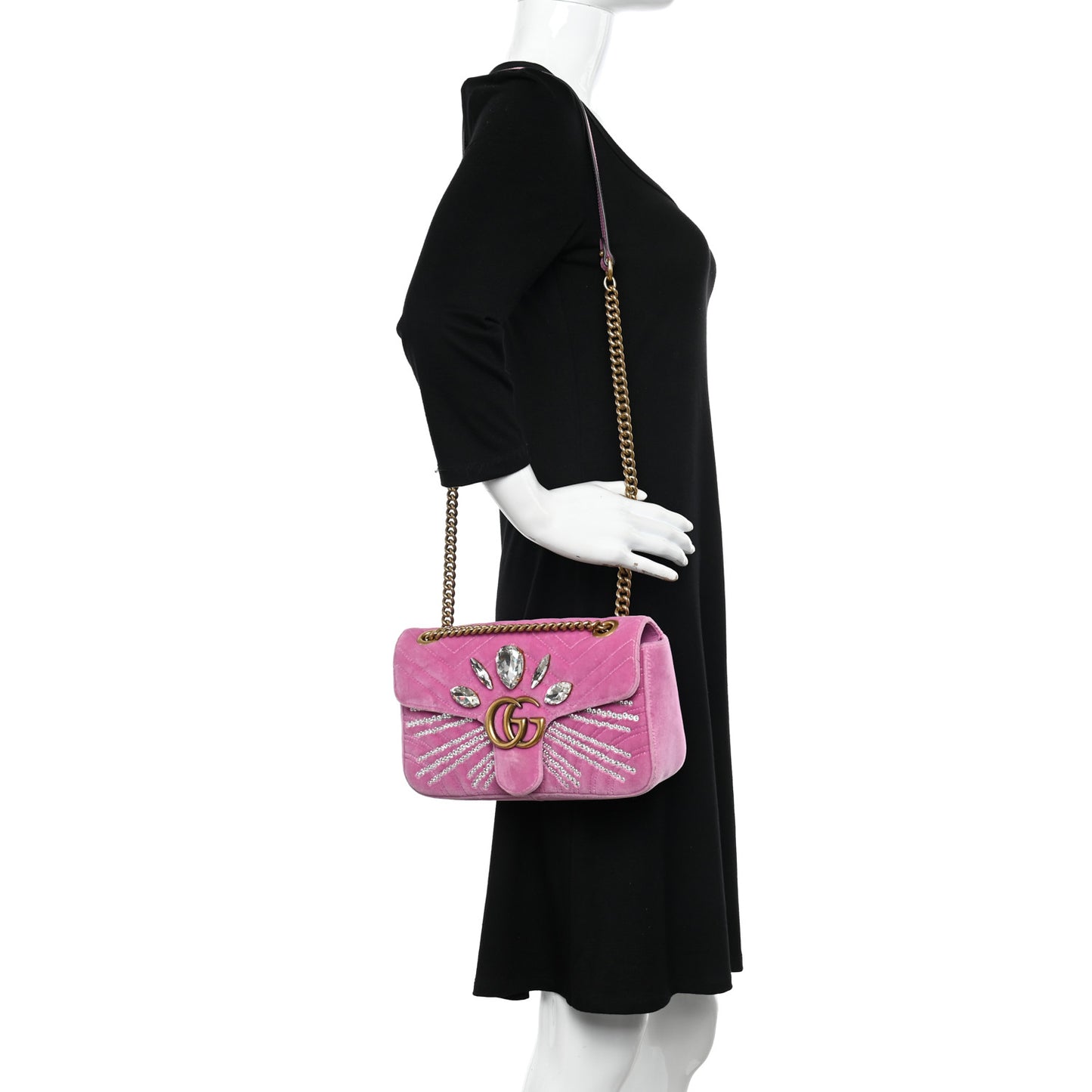 Velvet Matelasse Marquise Crystals Embroidered Small GG Marmont Shoulder Bag Malva