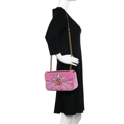 Gucci Velvet Matelasse Marquise Crystals Embroidered Small GG Marmont Shoulder Bag Malva 2 of 9