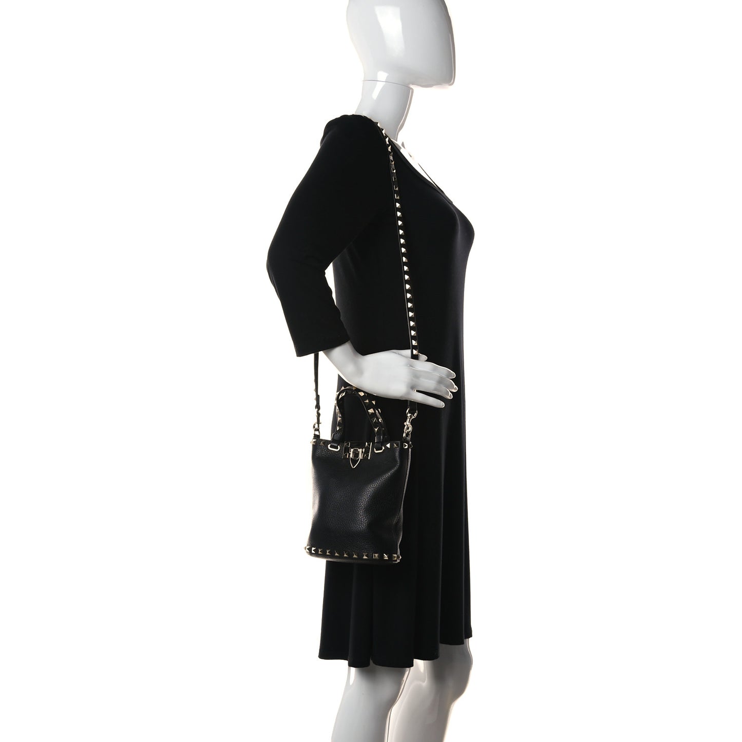 Pebbled Calfskin Rockstud Bucket Bag Black