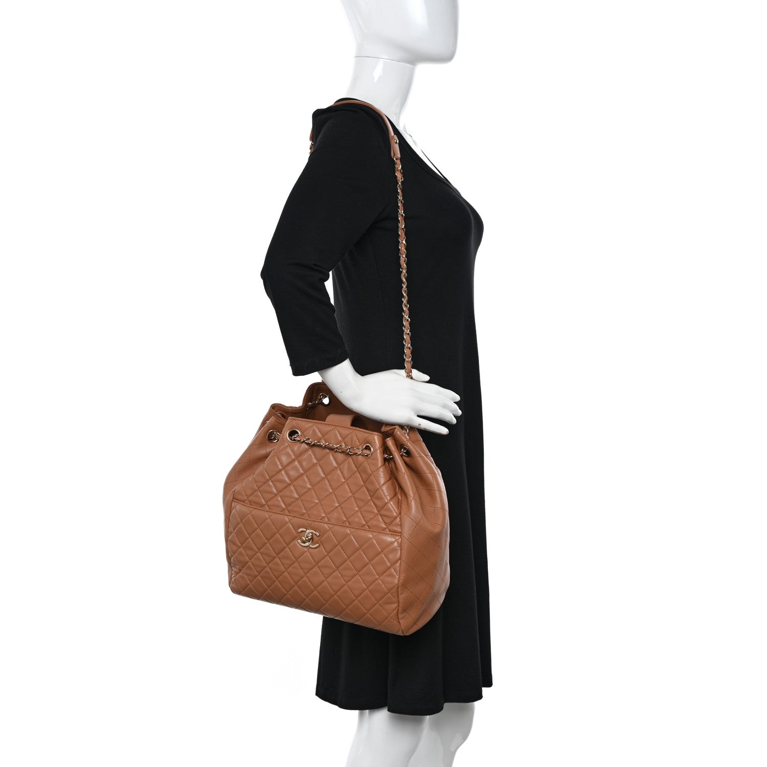 Chanel Lambskin Quilted Large Drawstring Shoulder Bag Dark Beige 2 of 10