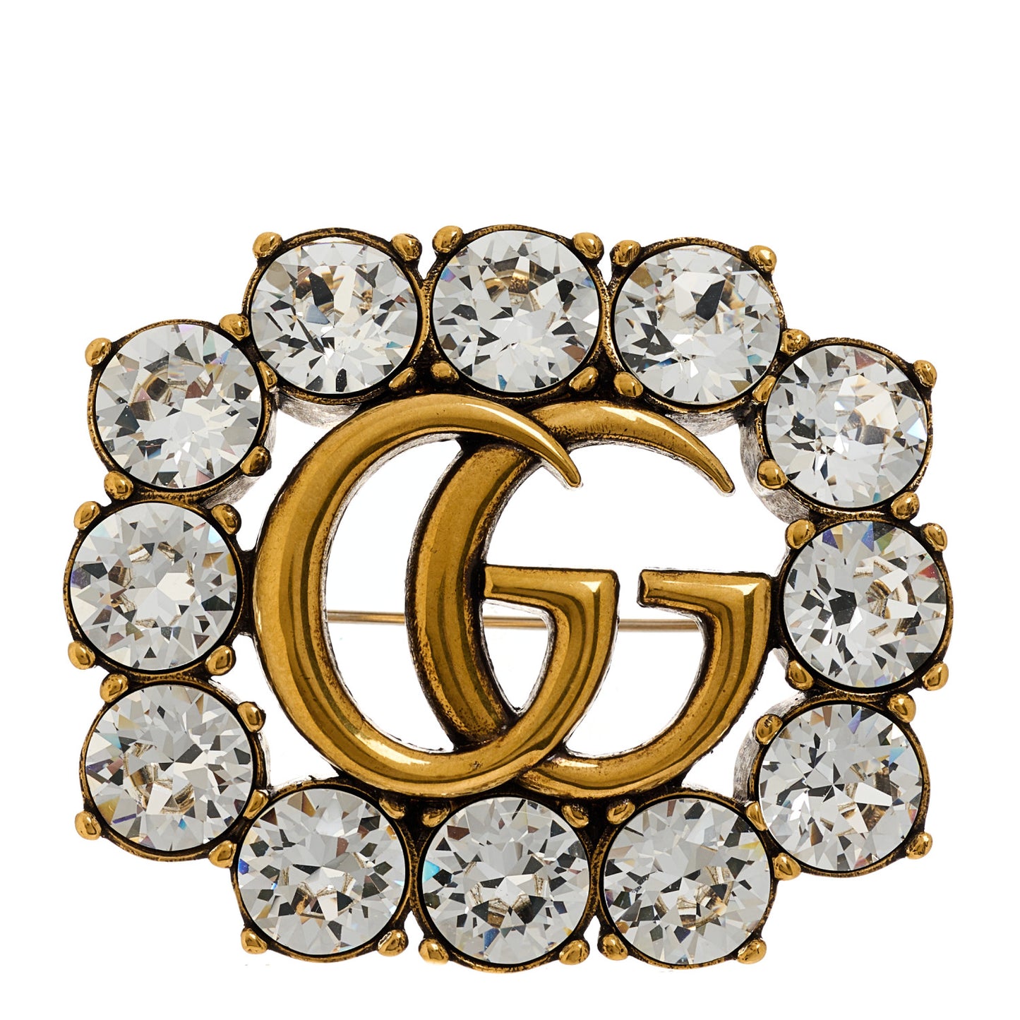 Metal Crystal Double G Brooch Aged Gold