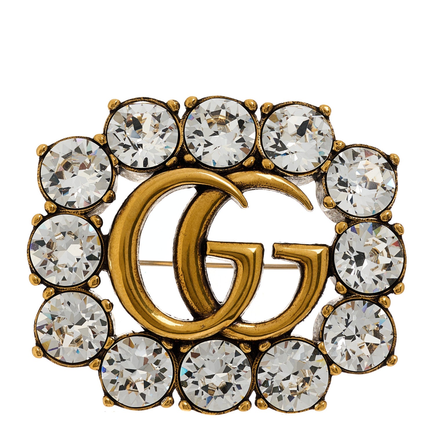 Gucci Metal Crystal Double G Brooch Aged Gold 1 of 4