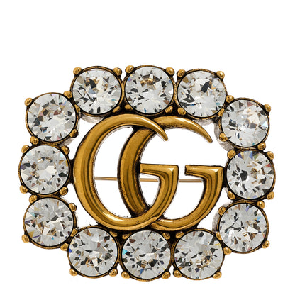 Gucci Metal Crystal Double G Brooch Aged Gold 1 of 4