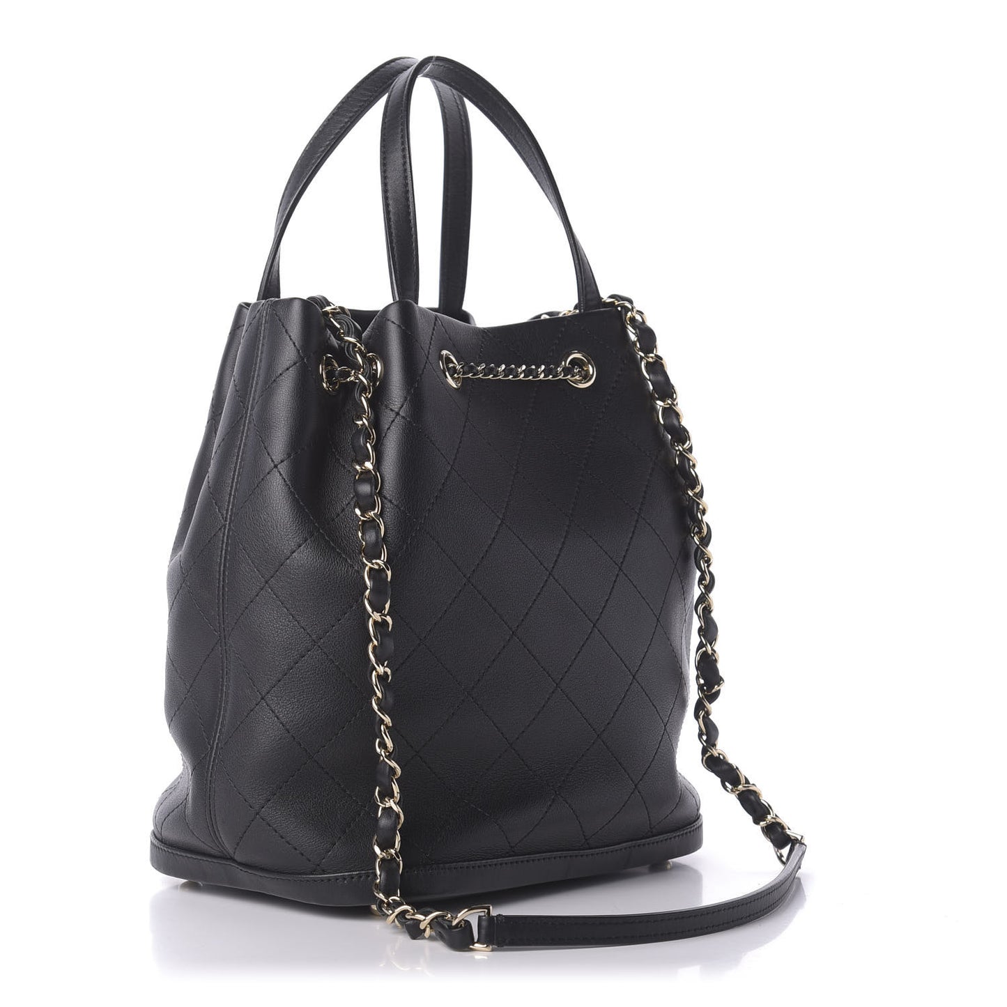Calfskin Stitched Chain Top Handle Bucket Bag Black
