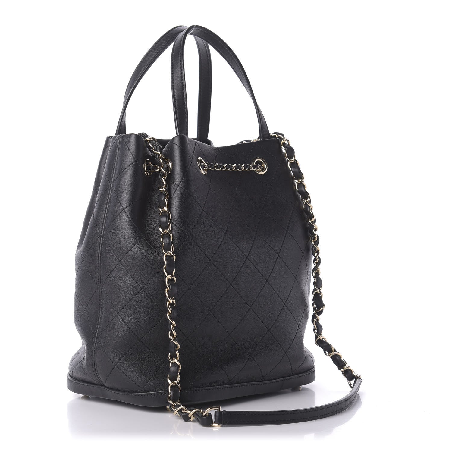 Chanel Calfskin Stitched Chain Top Handle Bucket Bag Black 4 of 11
