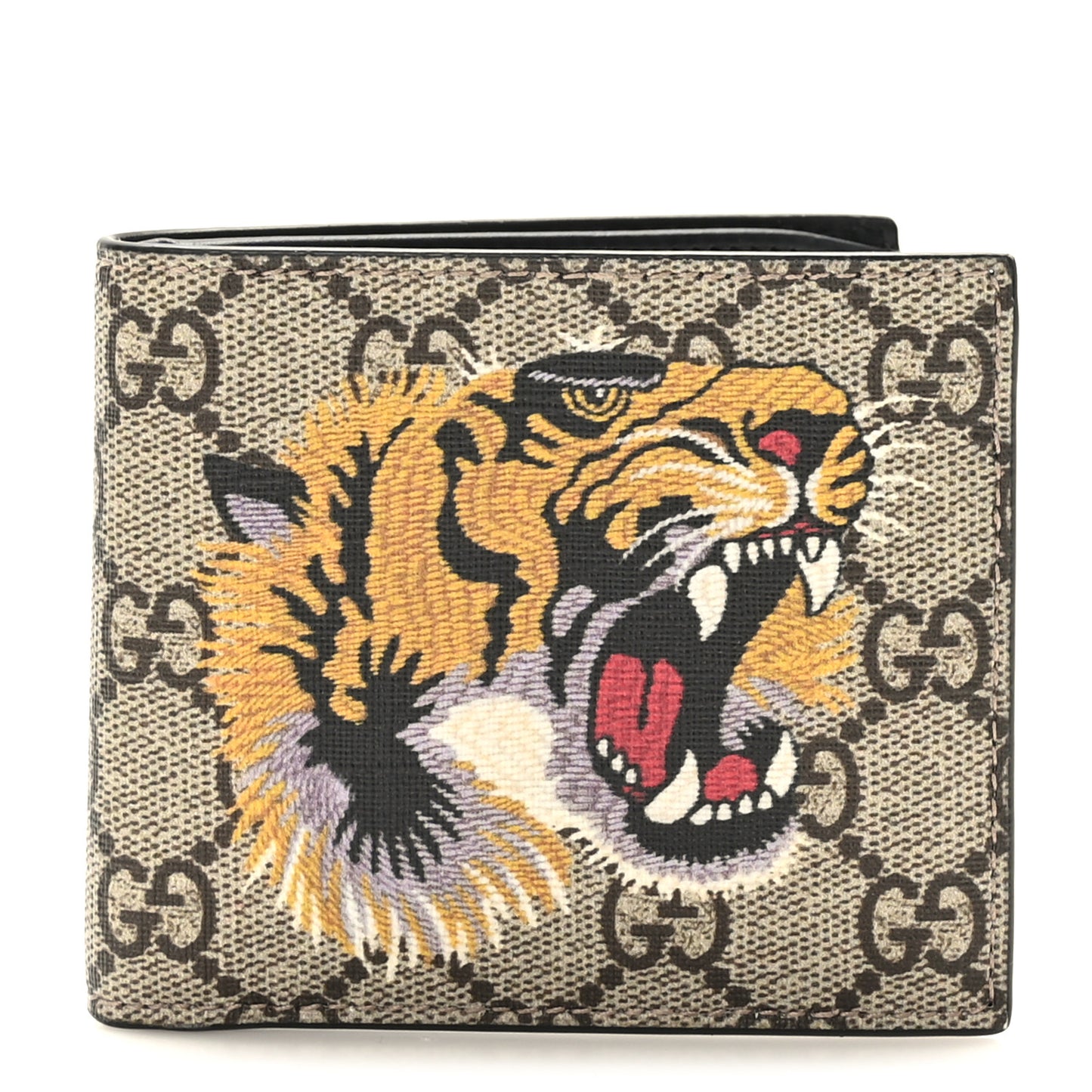 GG Supreme Monogram Selleria Calfskin Tiger Nice Bi-Fold Wallet Beige Ebony Multicolor Black