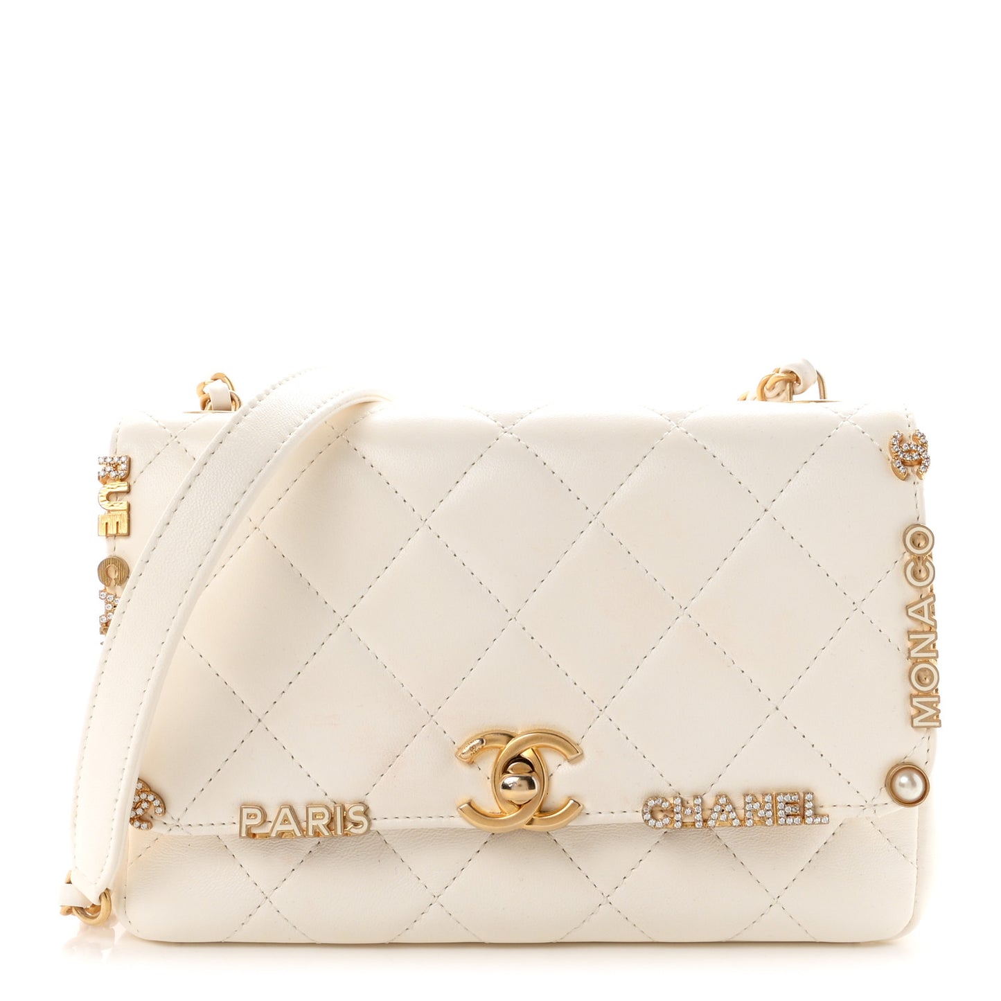 Lambskin Enamel Strass Quilted Mini Paris Monaco Flap White
