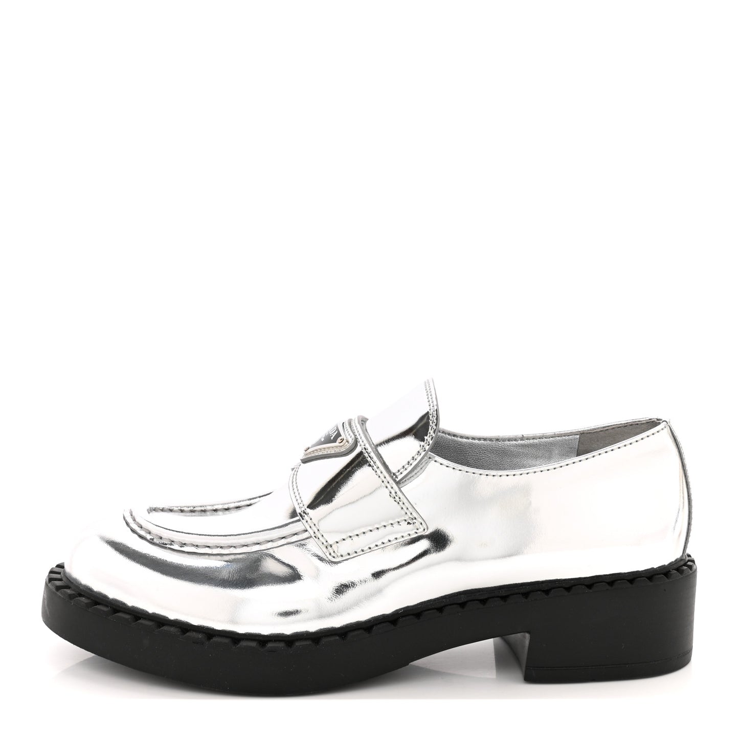 Metallic Brushed Calfskin Metal Triangle Logo 50mm Loafers 39 Argento