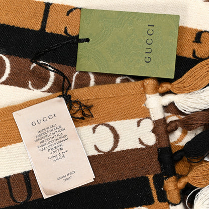 Gucci Wool Cotton Logo Wood Stripes Scarf Light Brown Dark Brown 4 of 4