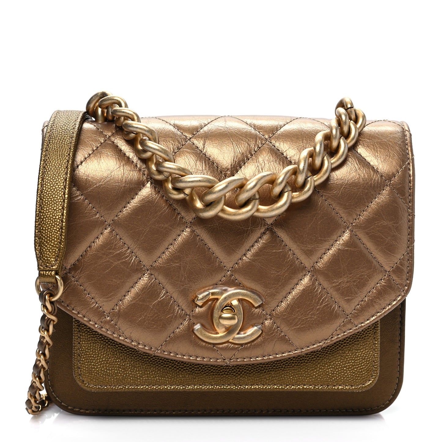Metallic Calfskin Caviar Quilted Mini Chain Handle Flap Gold