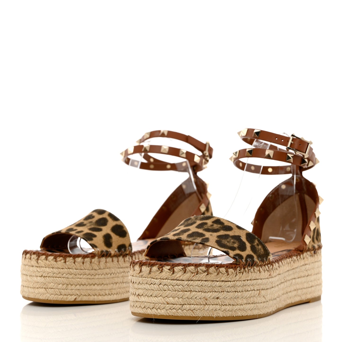 Canvas Leopard Print Rockstud Ankle Wrap Espadrille Flatform Sandals 41 Brown
