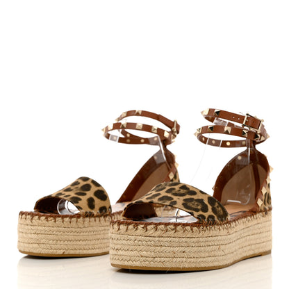 Valentino Garavani Canvas Leopard Print Rockstud Ankle Wrap Espadrille Flatform Sandals 41 Brown 3 of 15
