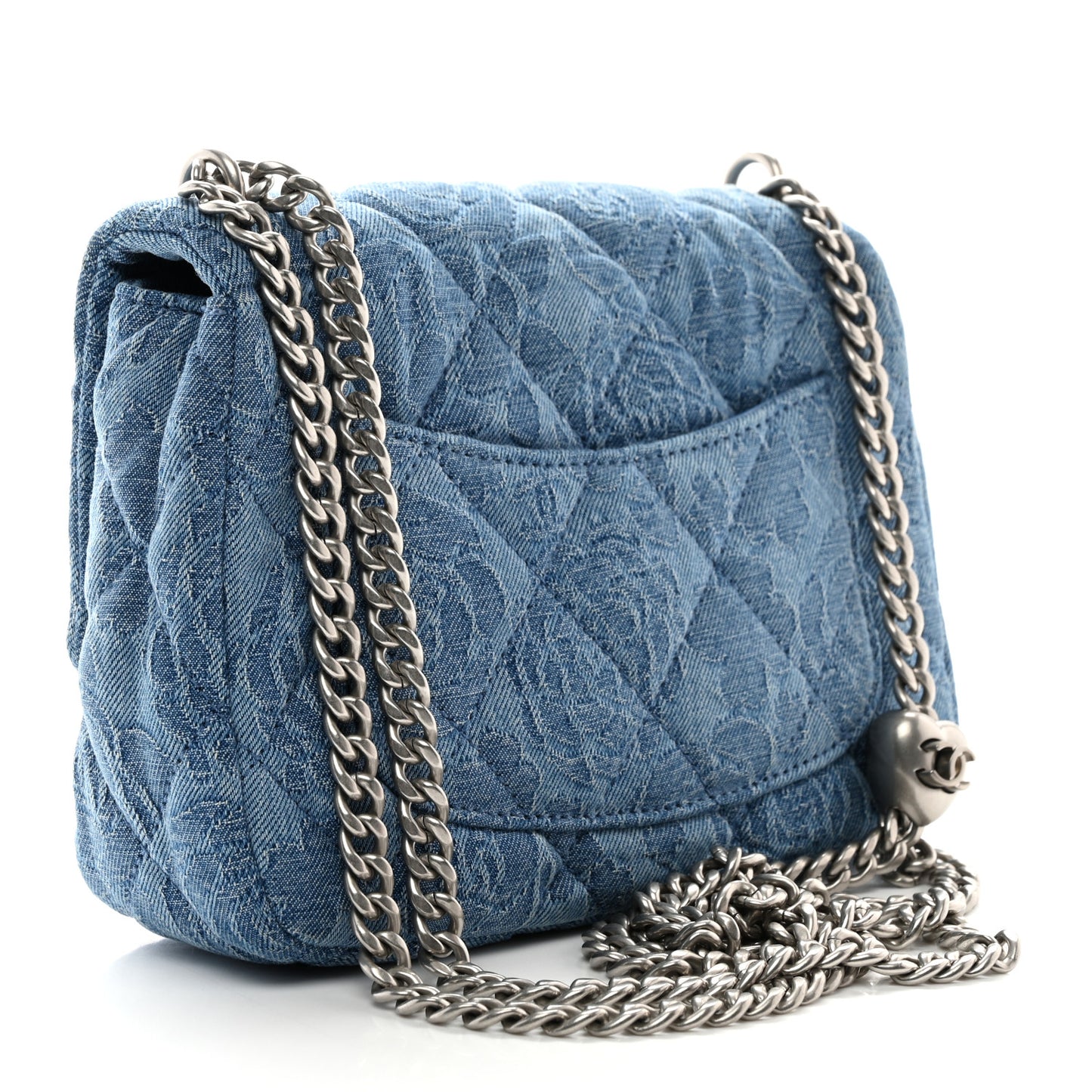 Denim Quilted Camellia Sweetheart Mini Flap Blue