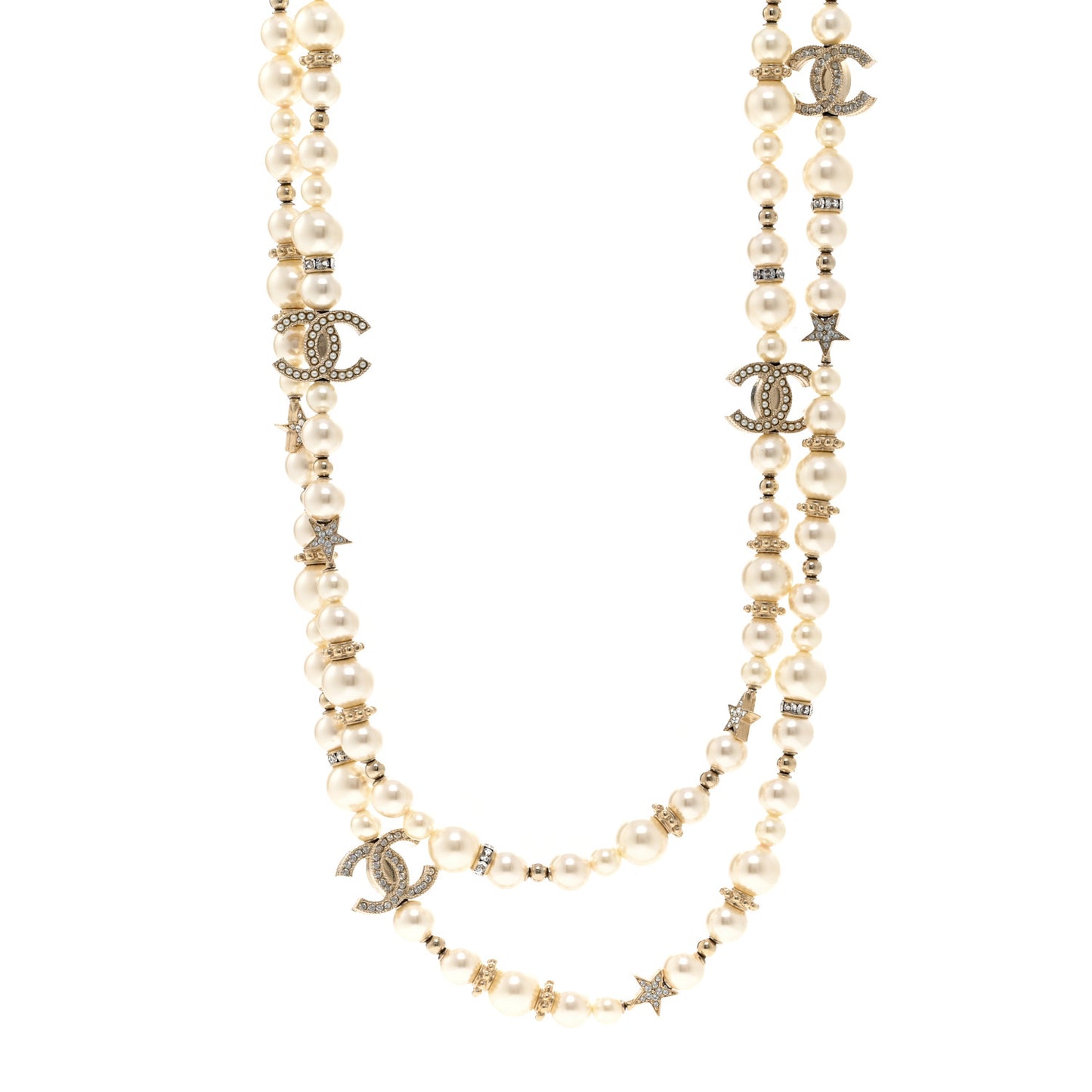 Metal Crystal Pearl CC Star Long Necklace Gold