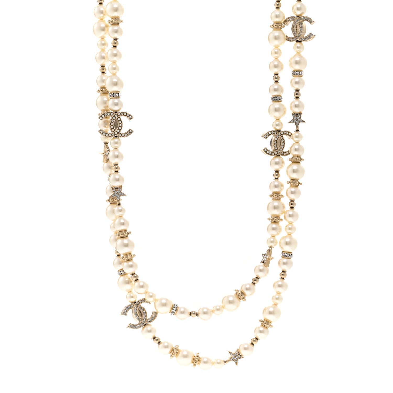 Chanel Metal Crystal Pearl CC Star Long Necklace Gold 1 of 6