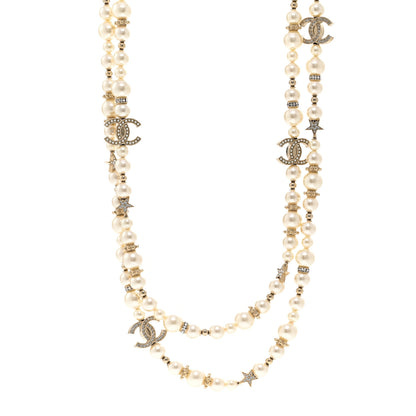 Chanel Metal Crystal Pearl CC Star Long Necklace Gold 1 of 6