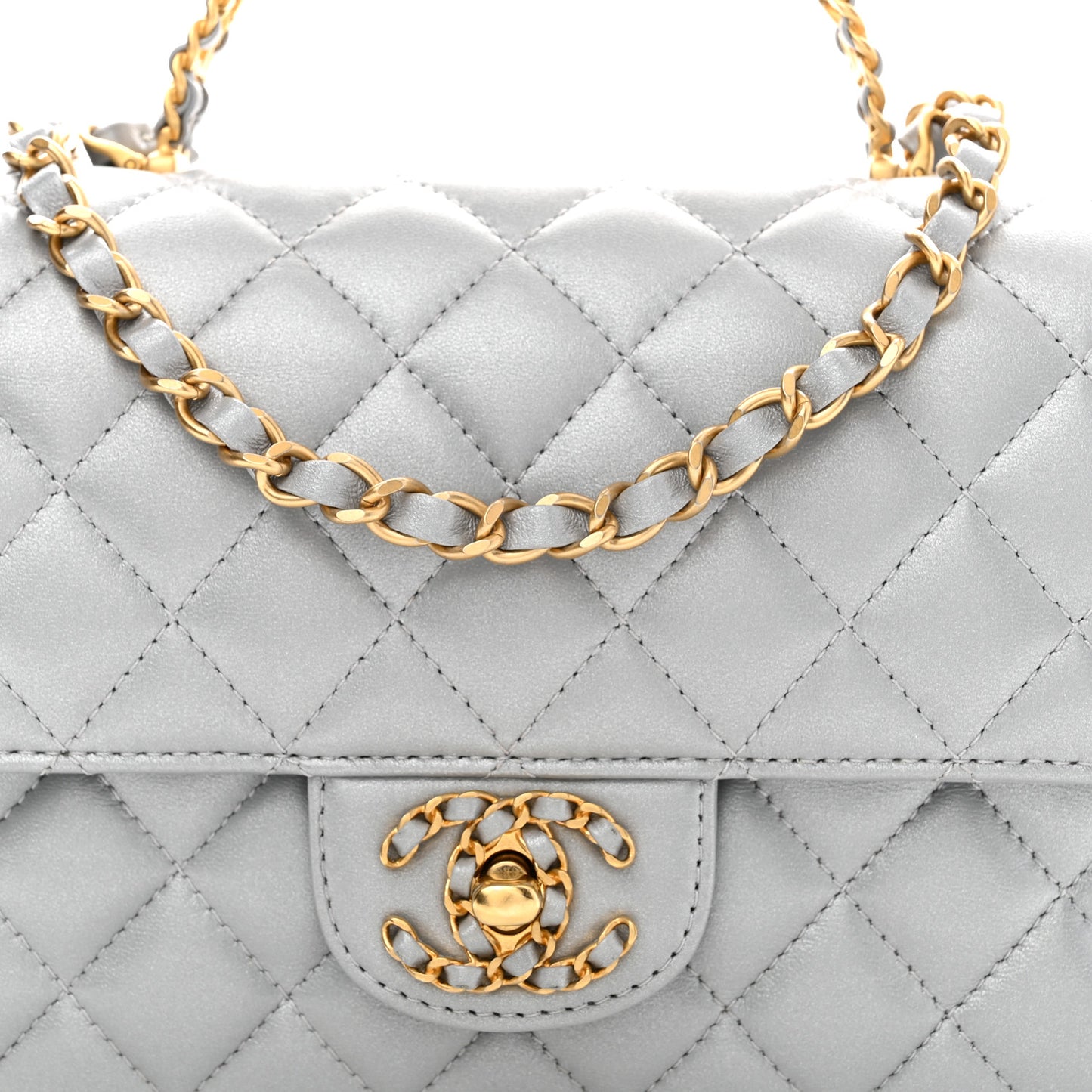 Metallic Lambskin Quilted Small Strass On Top Flap Silvery