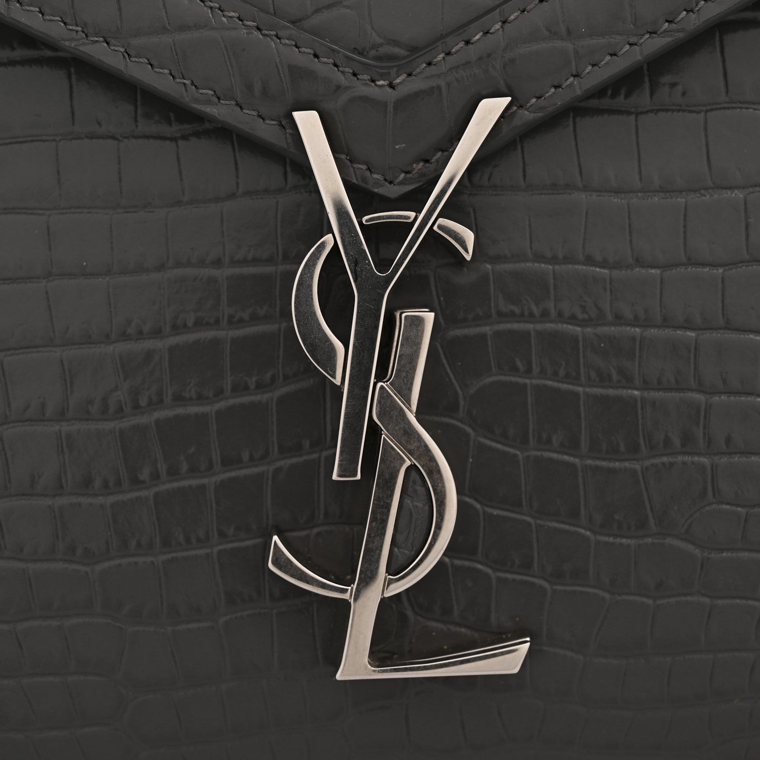 Saint Laurent Calfskin Crocodile Embossed Medium Classic Monogram Cassandra Top Handle Fog 14 of 16