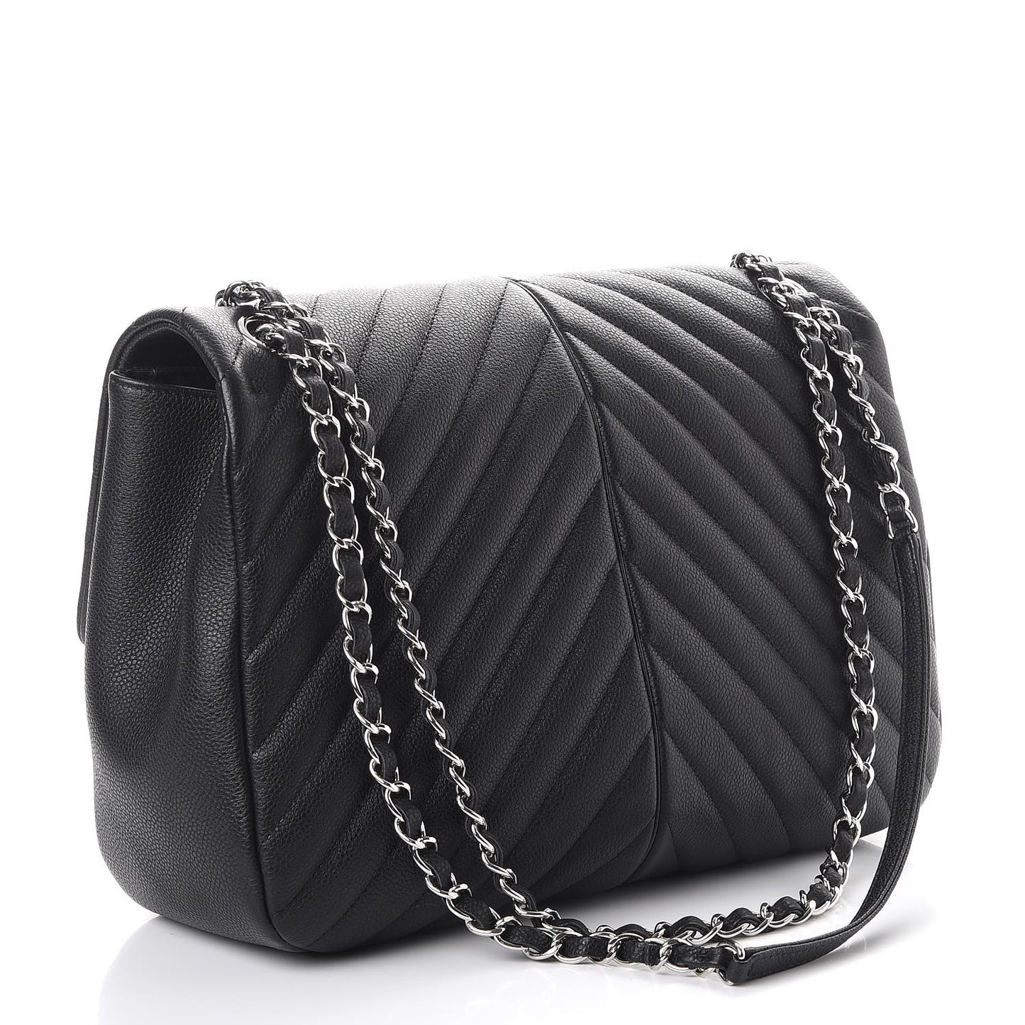 Caviar Chevron Quilted Large Puffy CC Flap Black