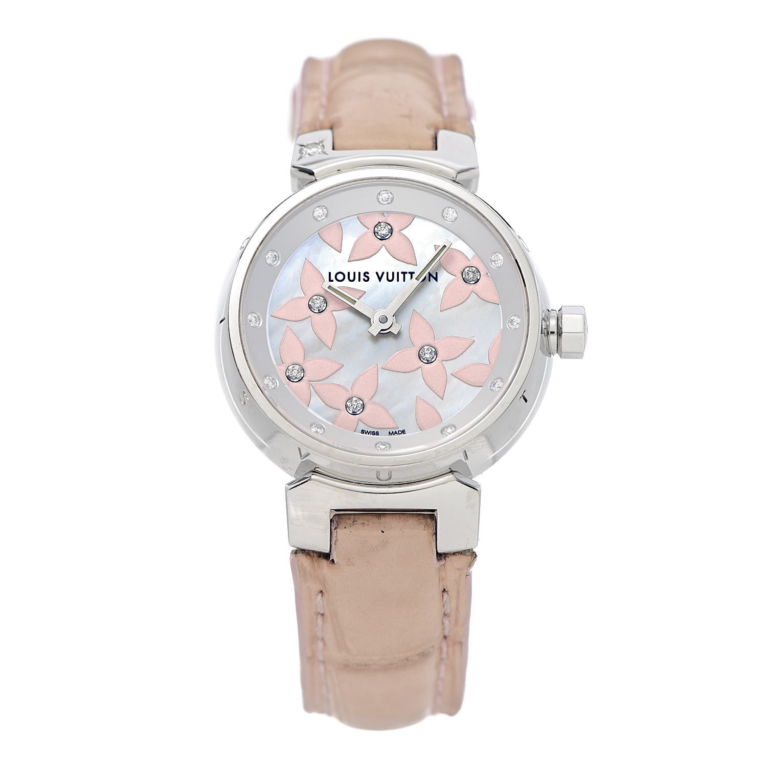 Louis Vuitton Stainless Steel Alligator Diamond Mother of Pearl 28mm Tambour Lovely Quartz Watch 1 of 9