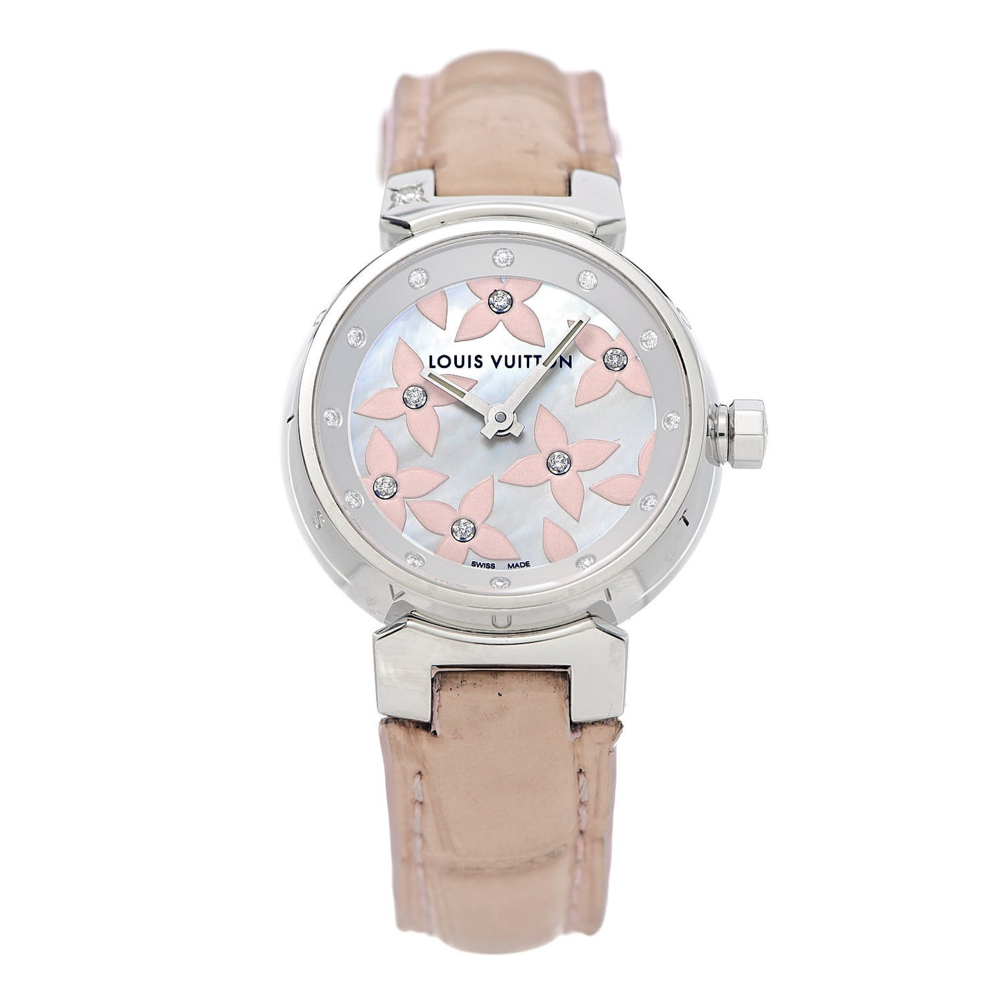 Stainless Steel Alligator Diamond Mother of Pearl 28mm Tambour Lovely Quartz Watch