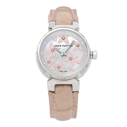 Louis Vuitton Stainless Steel Alligator Diamond Mother of Pearl 28mm Tambour Lovely Quartz Watch 1 of 9