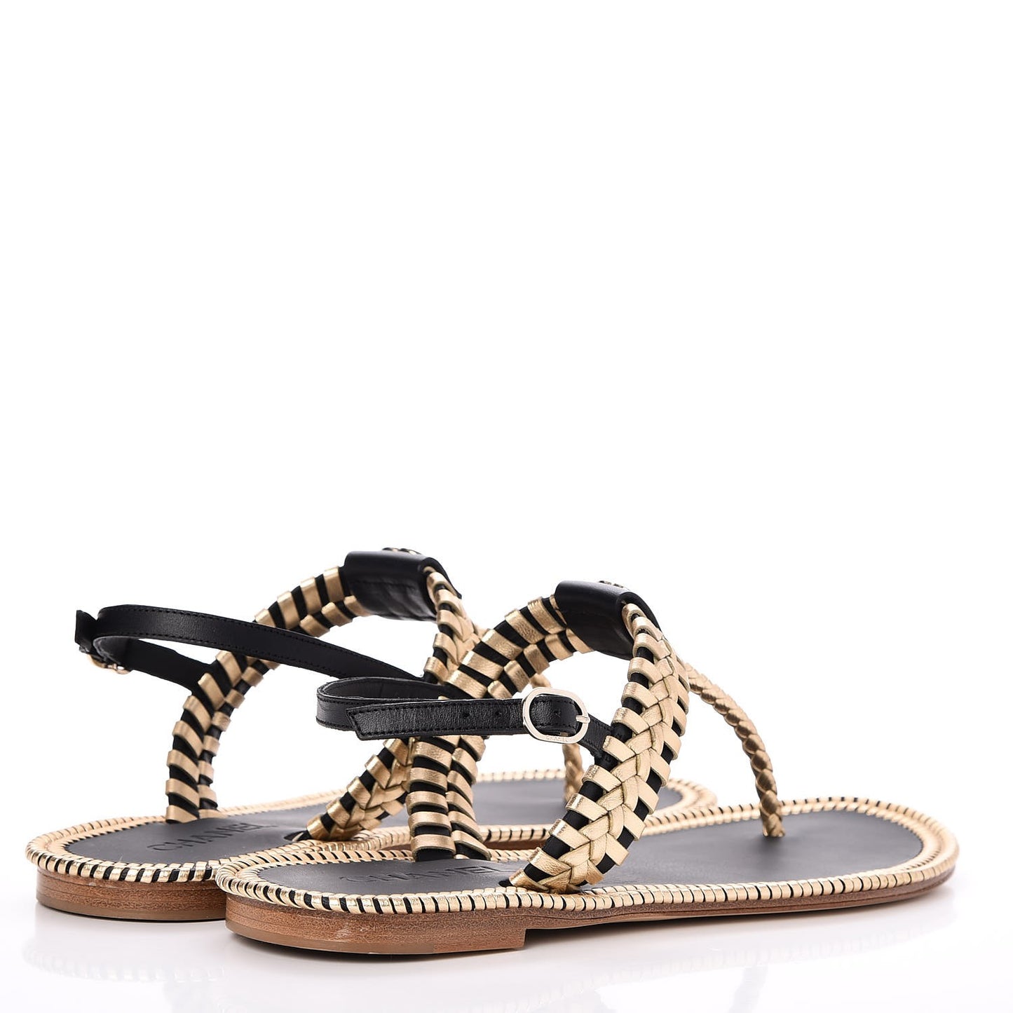 Metallic Lambskin Calfskin Braided Thong Sandals 40.5 Black Gold
