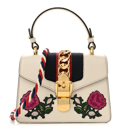 Gucci Calfskin Embroidered Mini Sylvie Top Handle Bag White 1 of 11