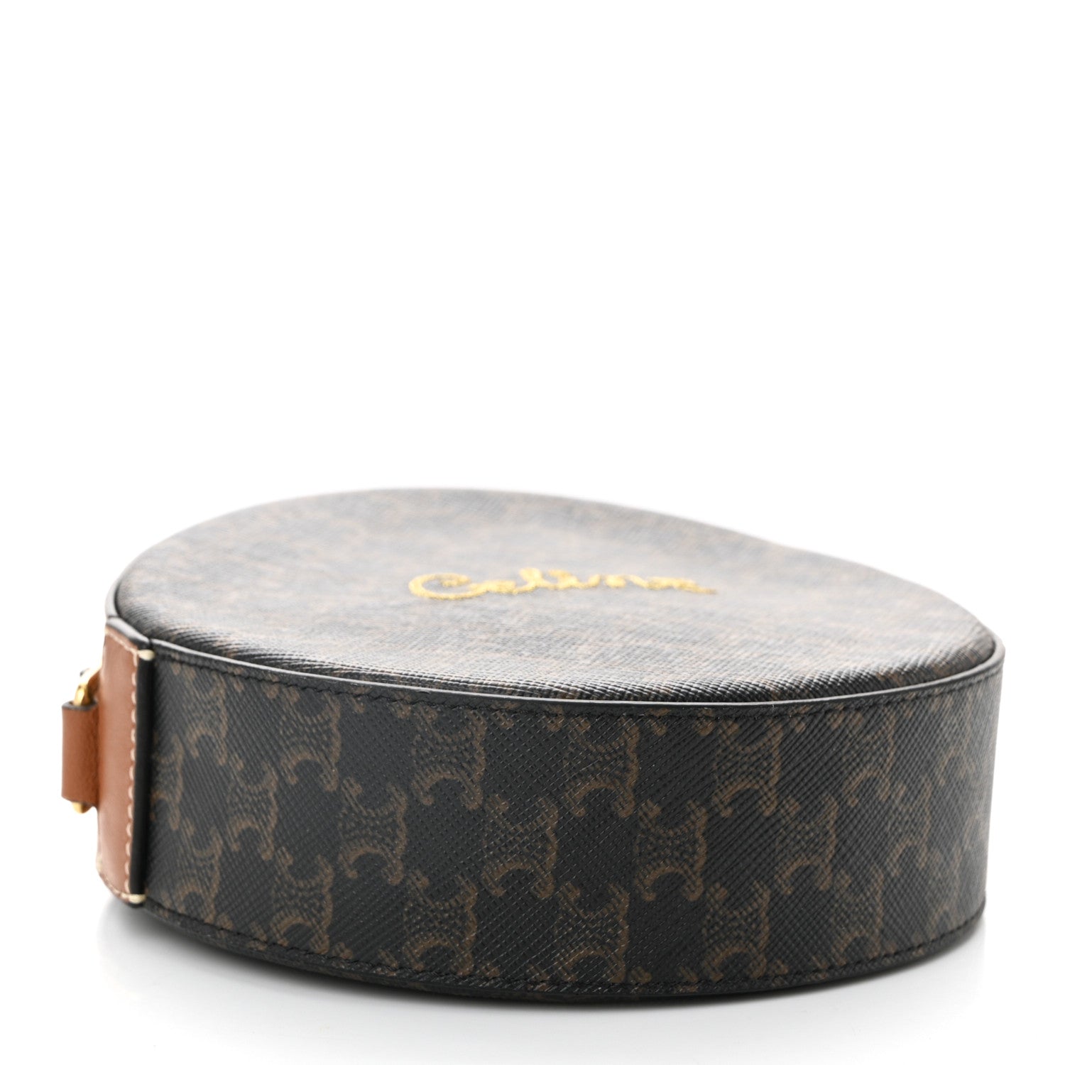 Celine Triomphe Canvas Embroidered Logo Round Purse On Strap Black Tan 4 of 10