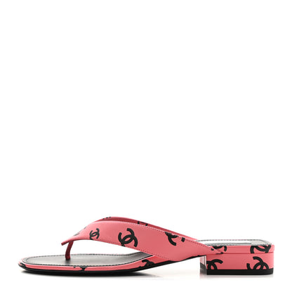 Chanel Lambskin Printed CC Thong Sandals 40 Pink Black 1 of 8