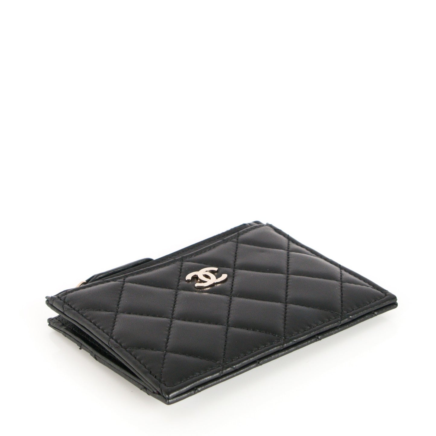 Lambskin Quilted Zip Card Holder Black