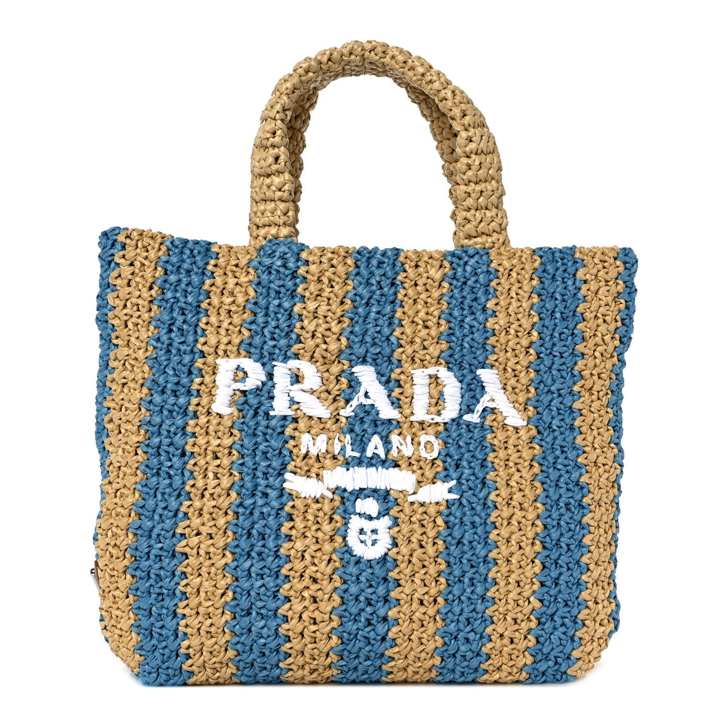 Yarn Raffia Effect Crochet Striped Small Logo Tote Naturale Celeste