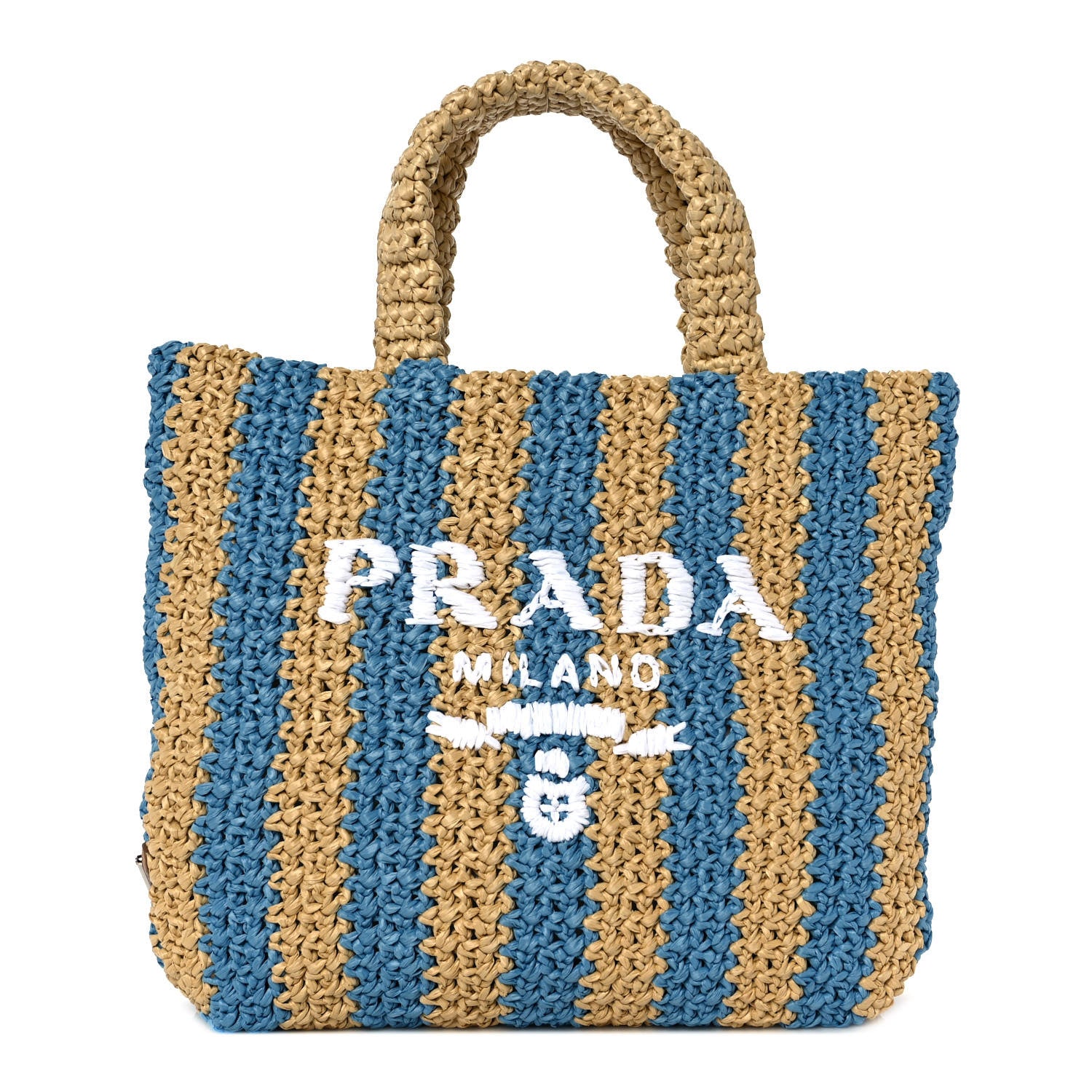 Prada Yarn Raffia Effect Crochet Striped Small Logo Tote Naturale Celeste 1 of 7
