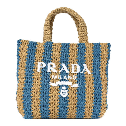 Prada Yarn Raffia Effect Crochet Striped Small Logo Tote Naturale Celeste 1 of 7