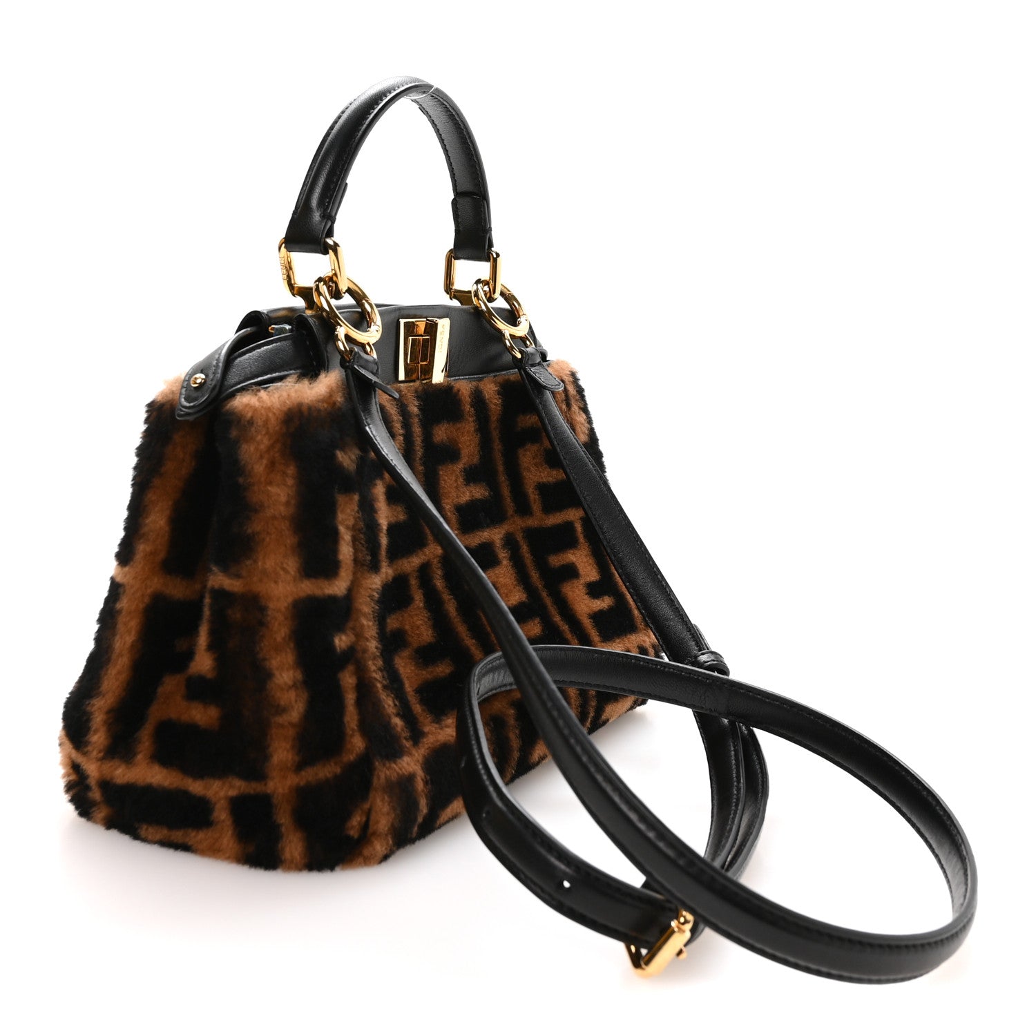 Fendi Shearling Nappa Macro FF 1974 Mini Peekaboo Iconic Satchel Tobacco Black 2 of 12