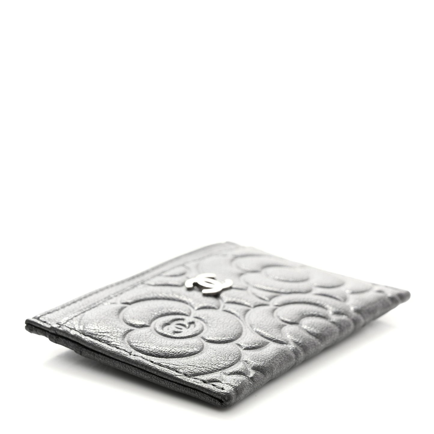 Goatskin Camellia Embossed Card Holder Grey